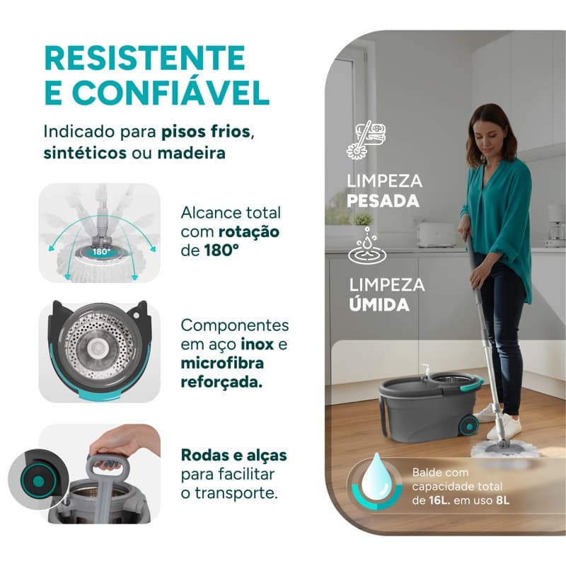 Resistente e confiavel - rotacao 180 graus, rodas e alças, balde 16L